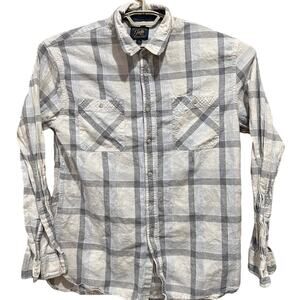 Jachs Shirt Mens Size L Off White Blue Gray Plaid Button Up Linen Cotton Casual